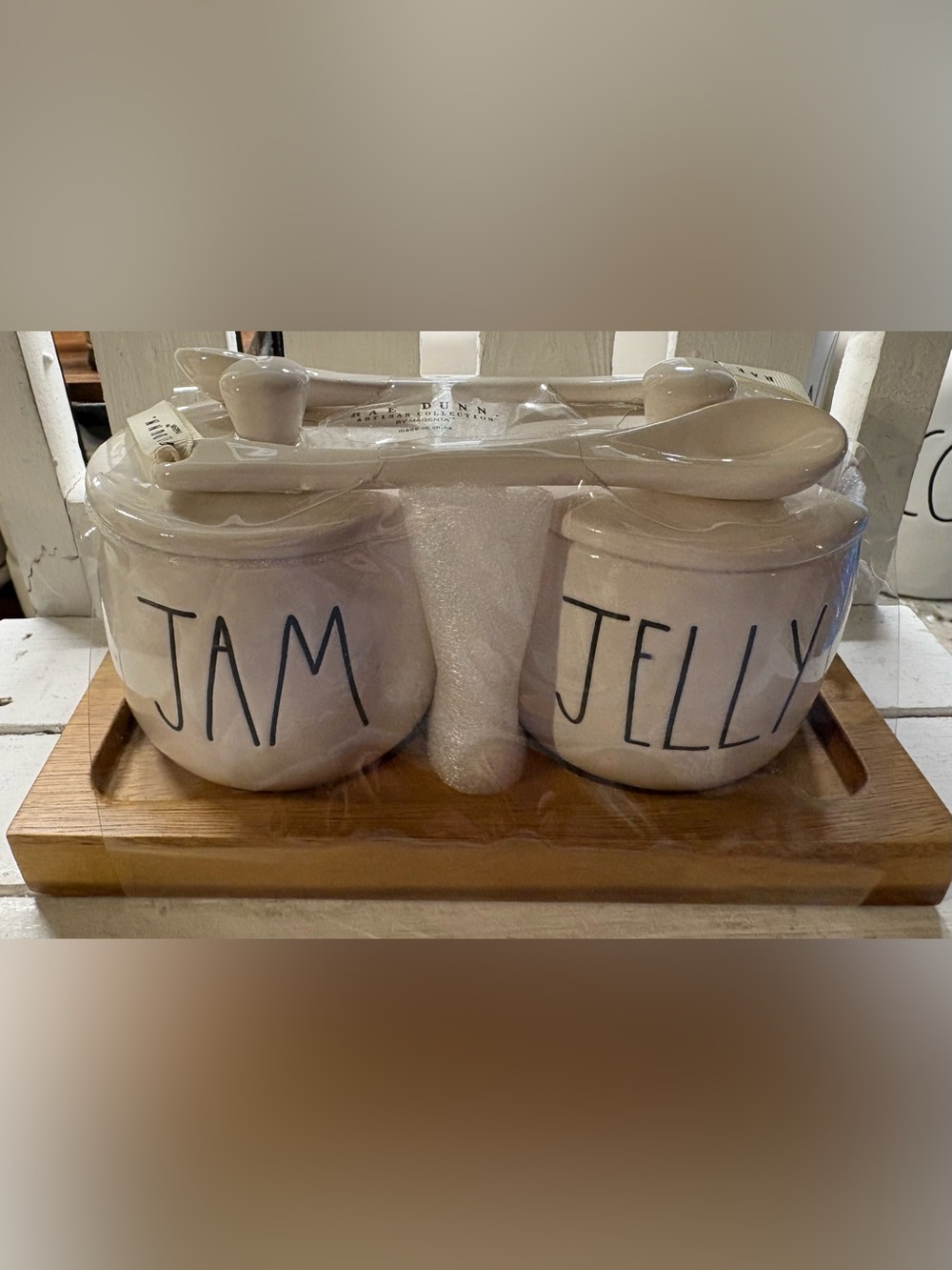 Rae Dunn White Ceramic Jam & Jelly Tray with 2 spoons and Black Script.